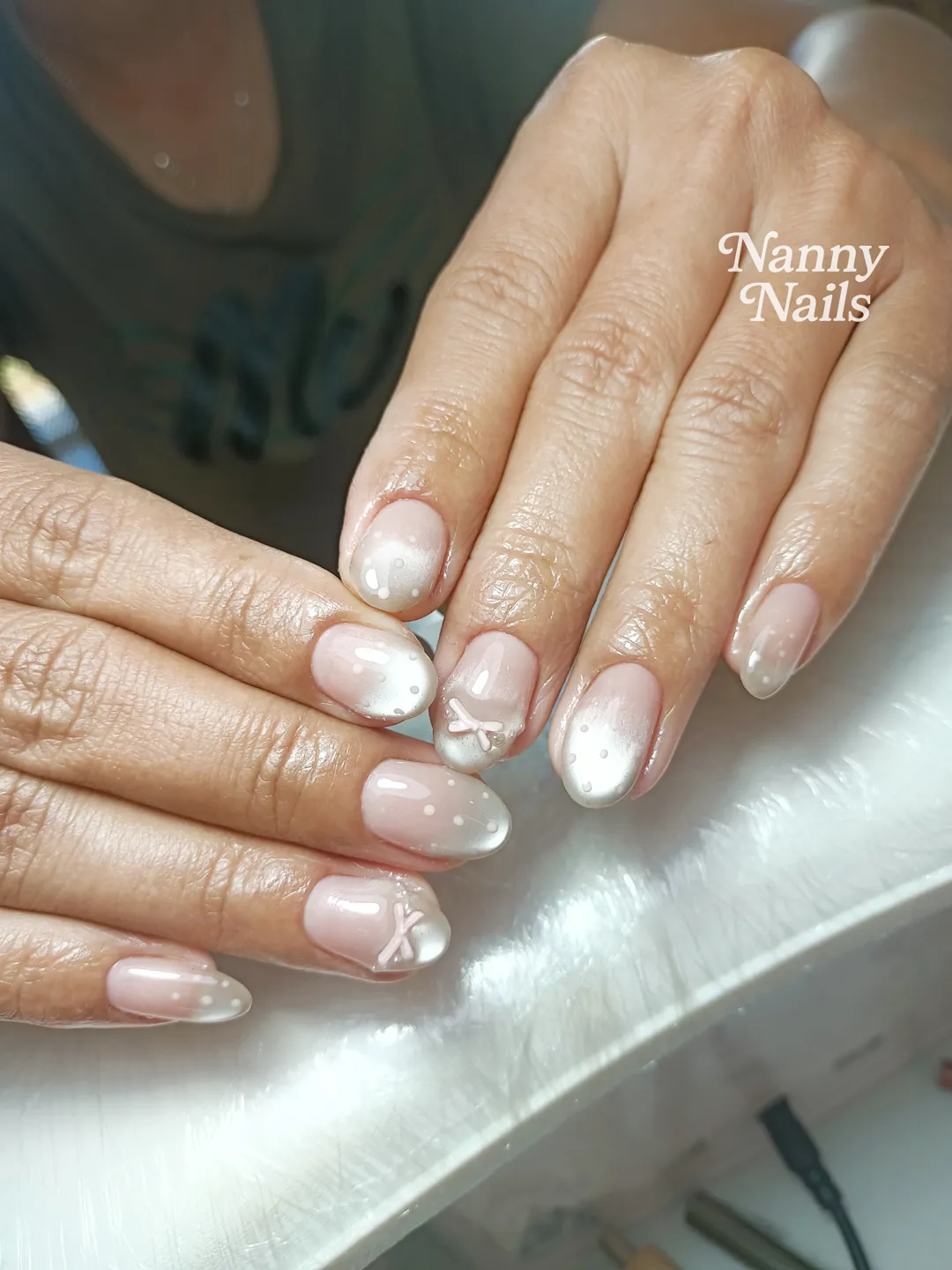 Nude & White ombré, hand-painted nails — nail design A104 at Nanny Nails, nail salon in Nakhon Phanom Thailand