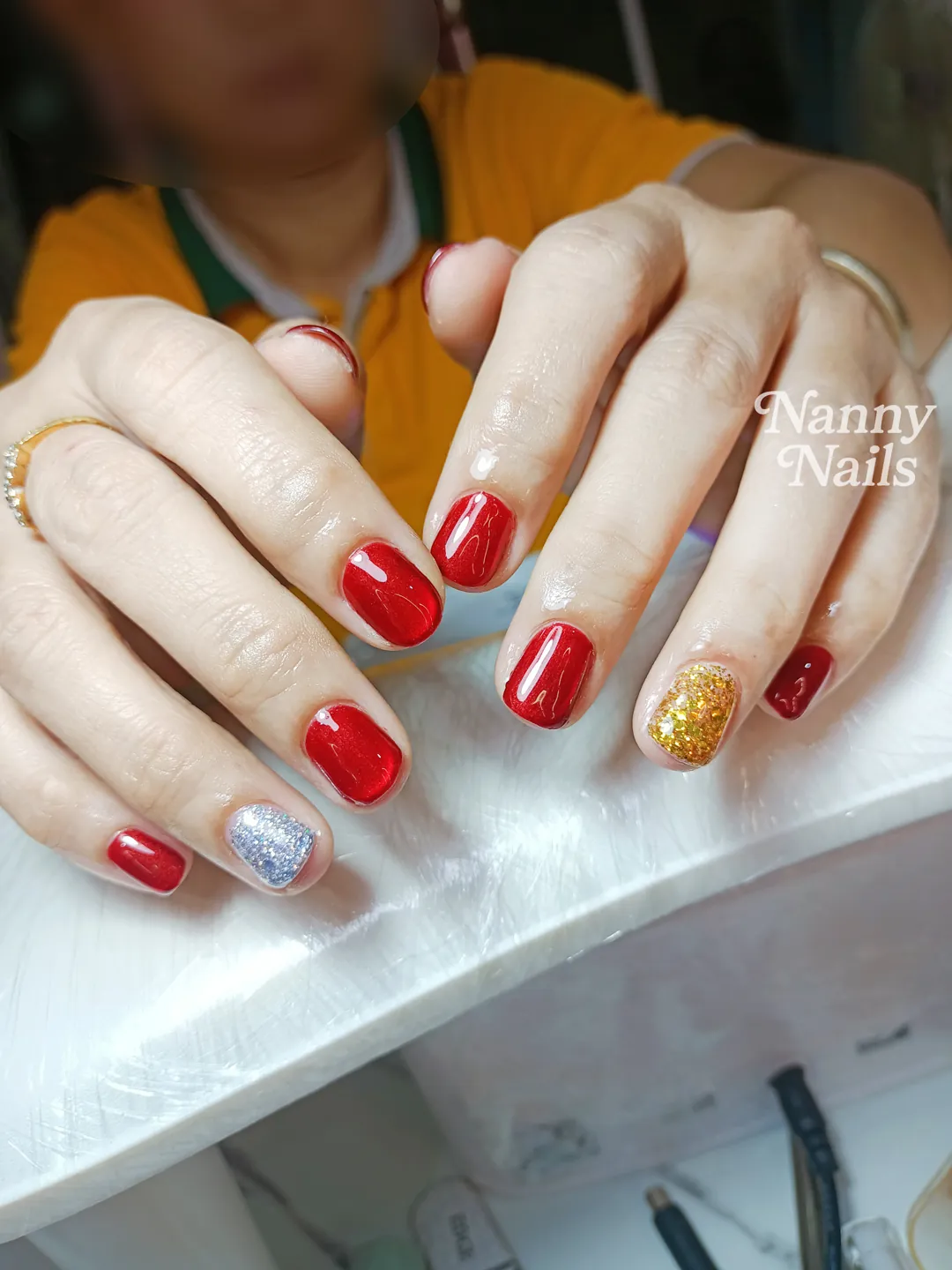 Red, Silver & Gold solid colour, glitter nails — nail design A112 at Nanny Nails, nail salon in Nakhon Phanom Thailand