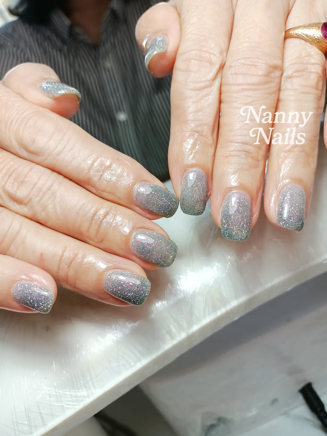 Grey glitter nails — nail design A138 at Nanny Nails, nail salon in Nakhon Phanom Thailand