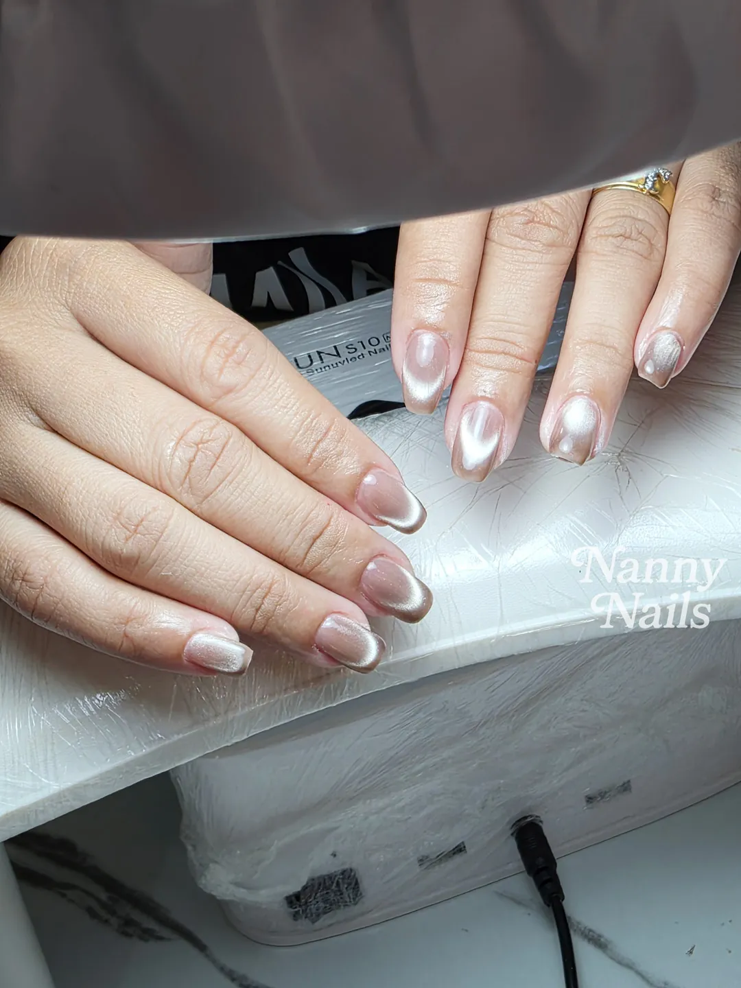 Nude & Silver french, chrome nails — nail design A148 at Nanny Nails, nail salon in Nakhon Phanom Thailand