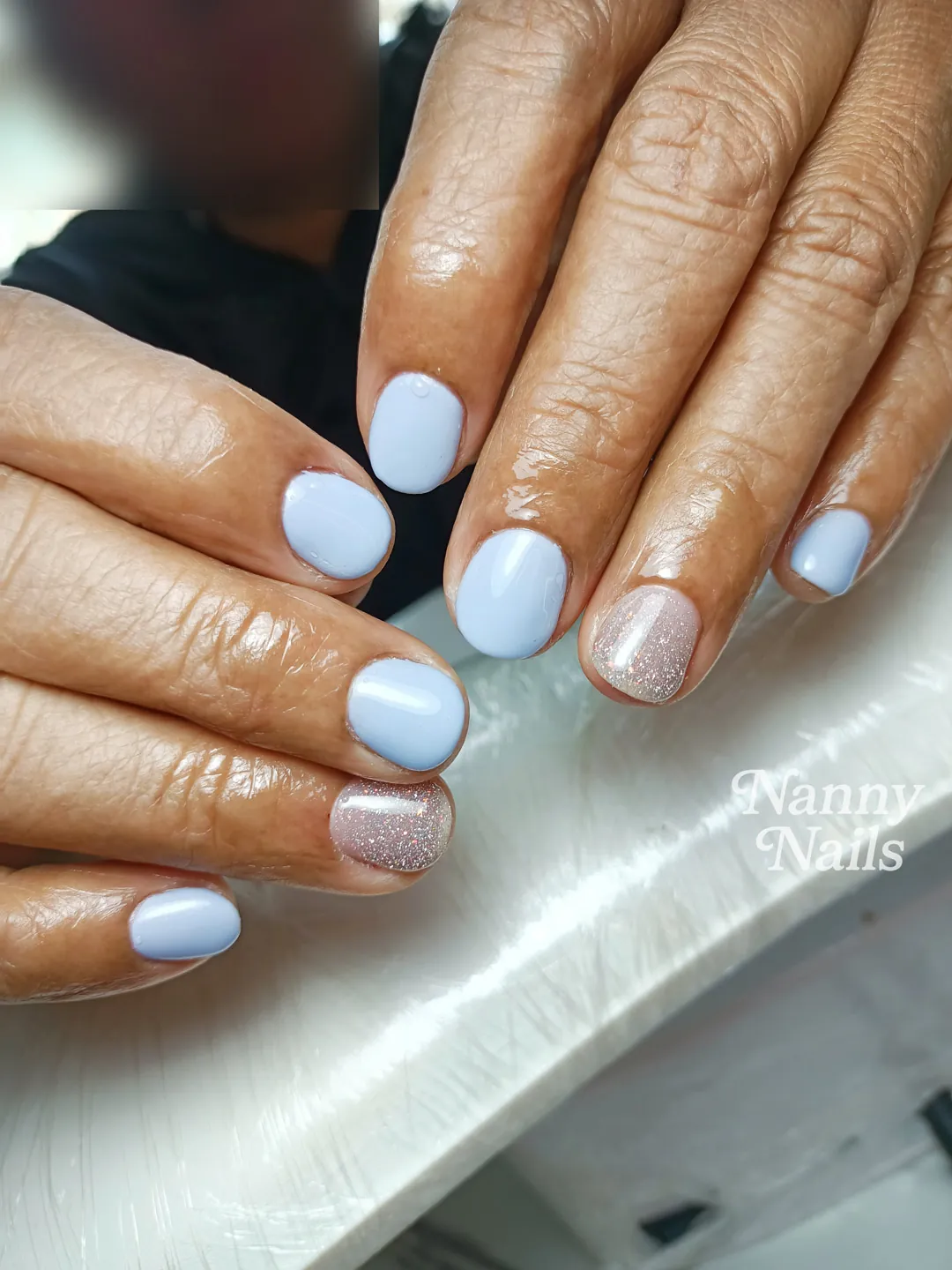 Light blue & Nude solid colour, glitter nails — nail design A157 at Nanny Nails, nail salon in Nakhon Phanom Thailand