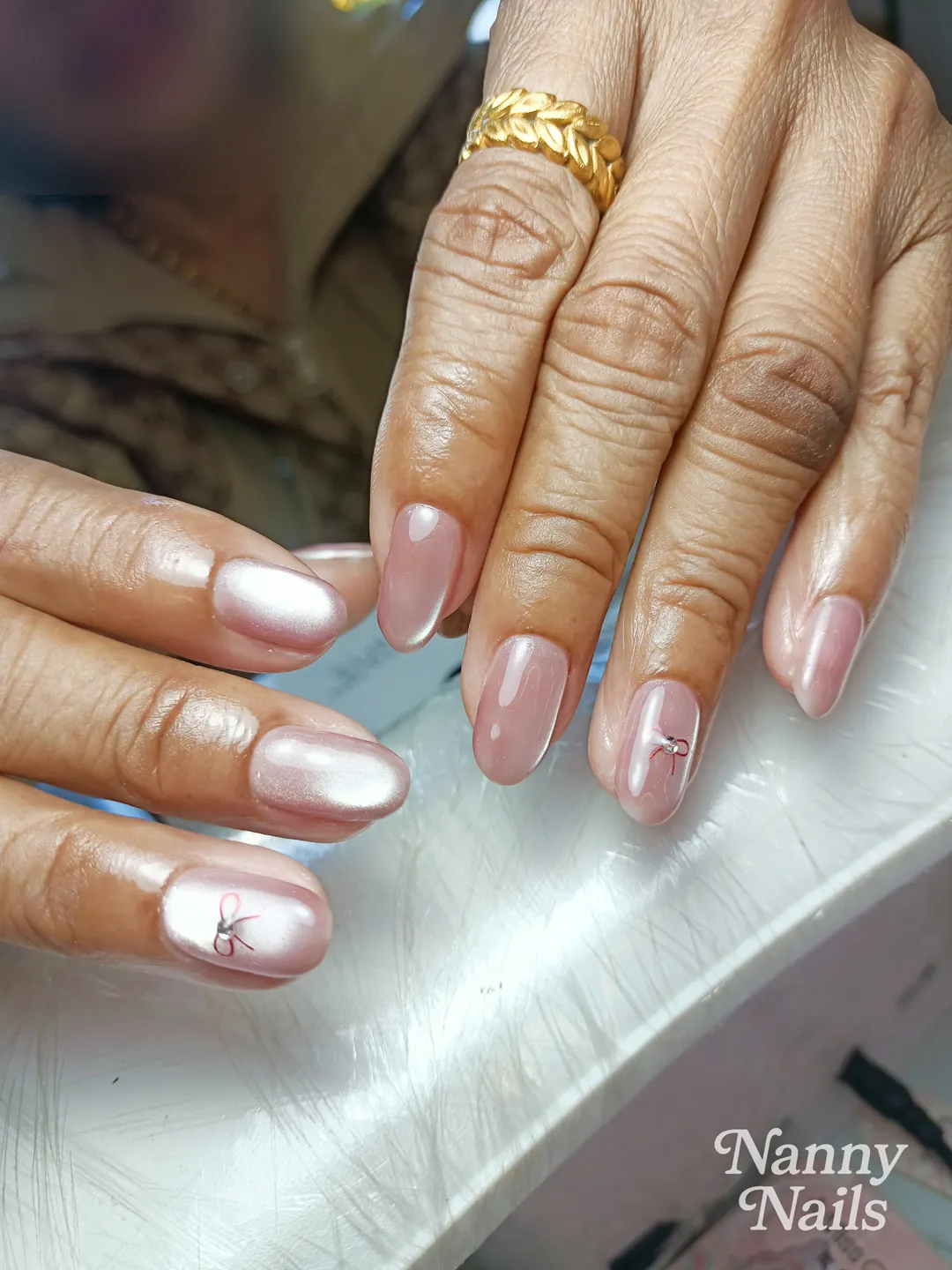 Nude & Pink hand-painted, chrome nails — nail design A189 at Nanny Nails, nail salon in Nakhon Phanom Thailand