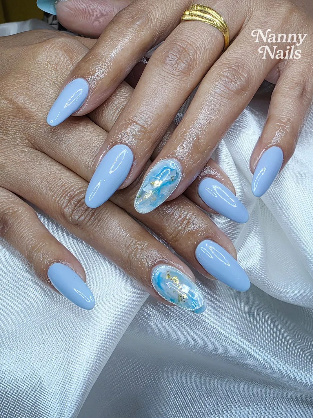 สีฟ้าหวาน วิ้งค์วับราวกับเล็บเจ้าหญิง ลายเล็บมือ ฟ้า รหัส A228 ร้านทำเล็บนครพนม Nanny Nails