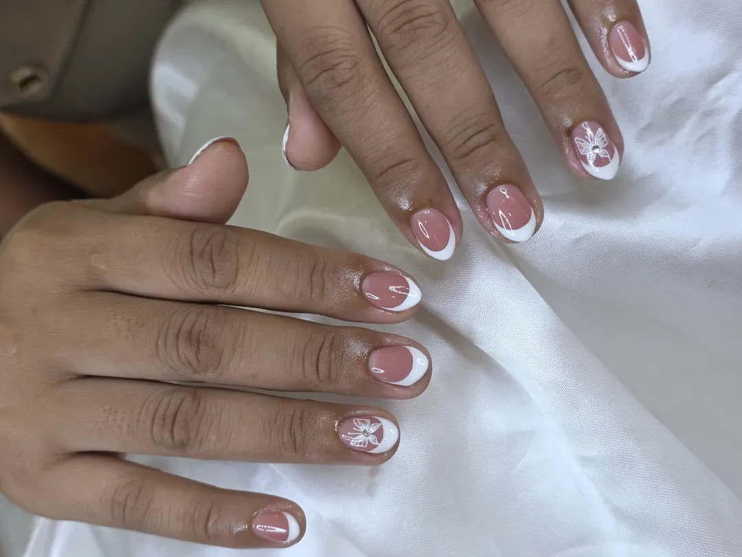 Nude & White french, hand-painted nails — nail design A333 at Nanny Nails, nail salon in Nakhon Phanom Thailand