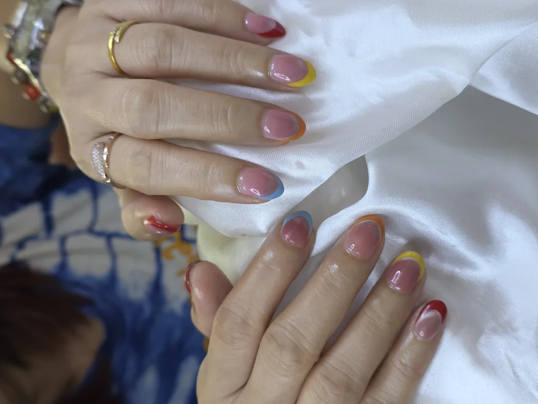 Nude, Red & Orange french nails — nail design A358 at Nanny Nails, nail salon in Nakhon Phanom Thailand
