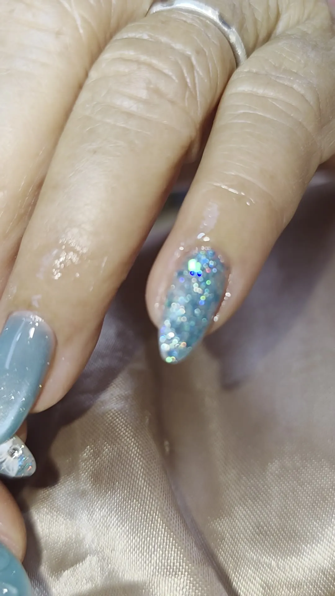 Light blue & Grey glitter, solid colour nails — nail design A377 at Nanny Nails, nail salon in Nakhon Phanom Thailand