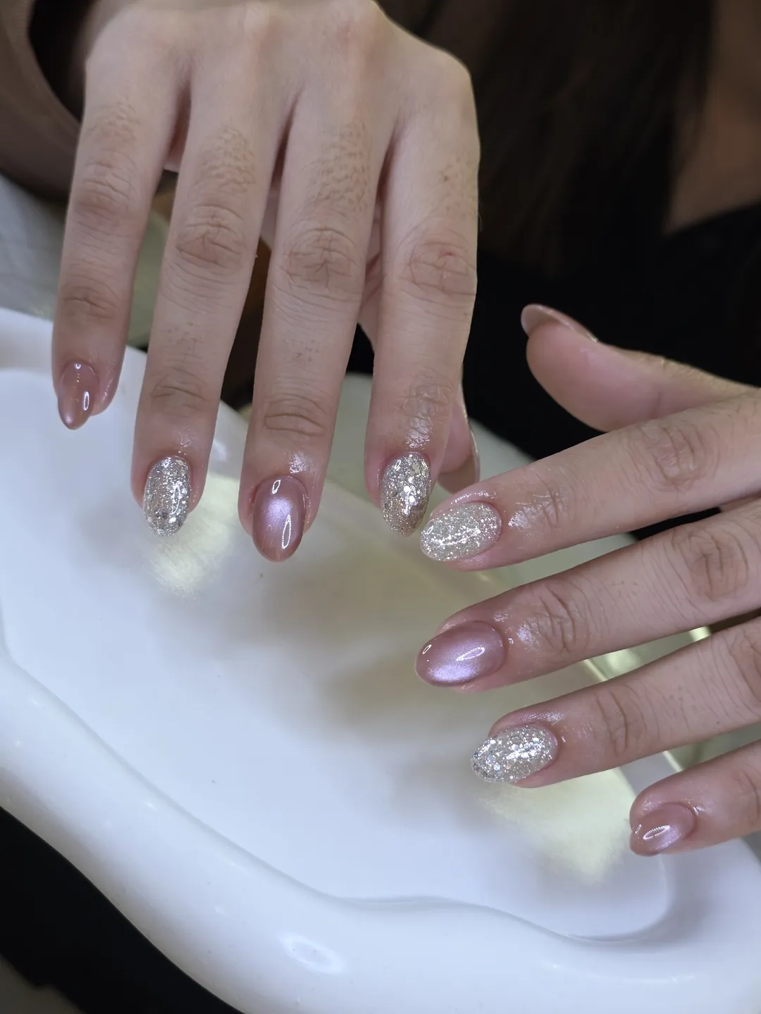 Nude & Silver solid colour, glitter nails — nail design A474 at Nanny Nails, nail salon in Nakhon Phanom Thailand