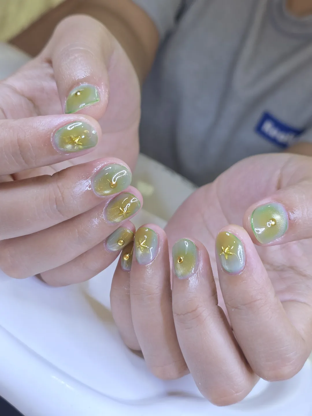 Green, Gold & Grey ombré, rhinestones, hand-painted nails — nail design A491 at Nanny Nails, nail salon in Nakhon Phanom Thailand