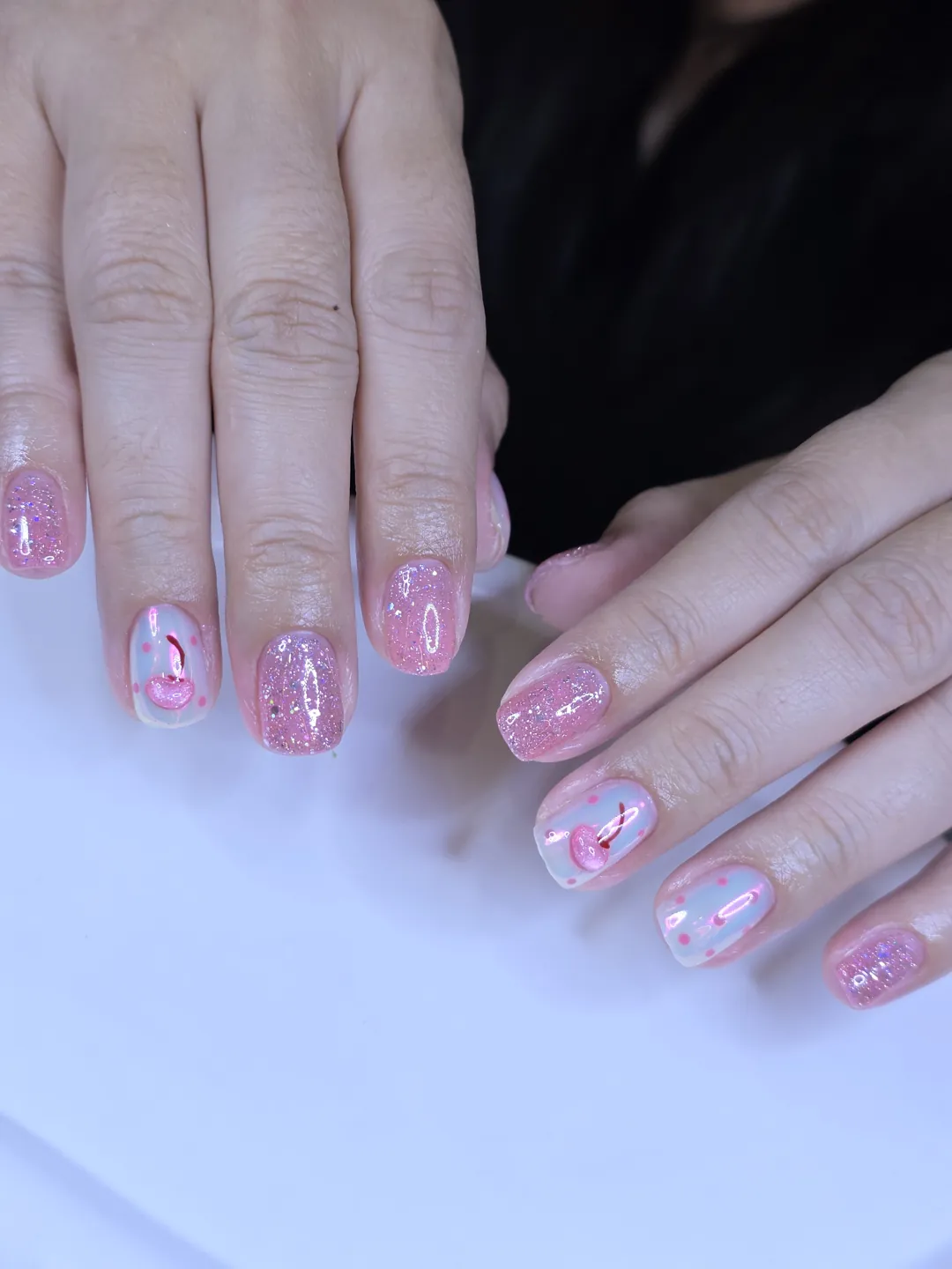 Pink & White glitter, hand-painted nails — nail design A509 at Nanny Nails, nail salon in Nakhon Phanom Thailand