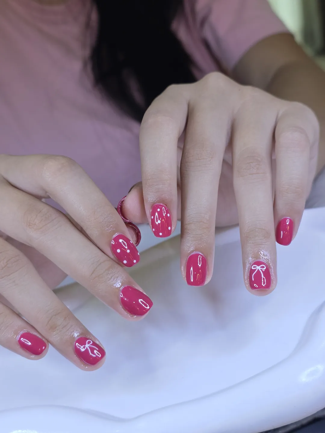 Magenta & White solid colour, hand-painted nails — nail design A512 at Nanny Nails, nail salon in Nakhon Phanom Thailand