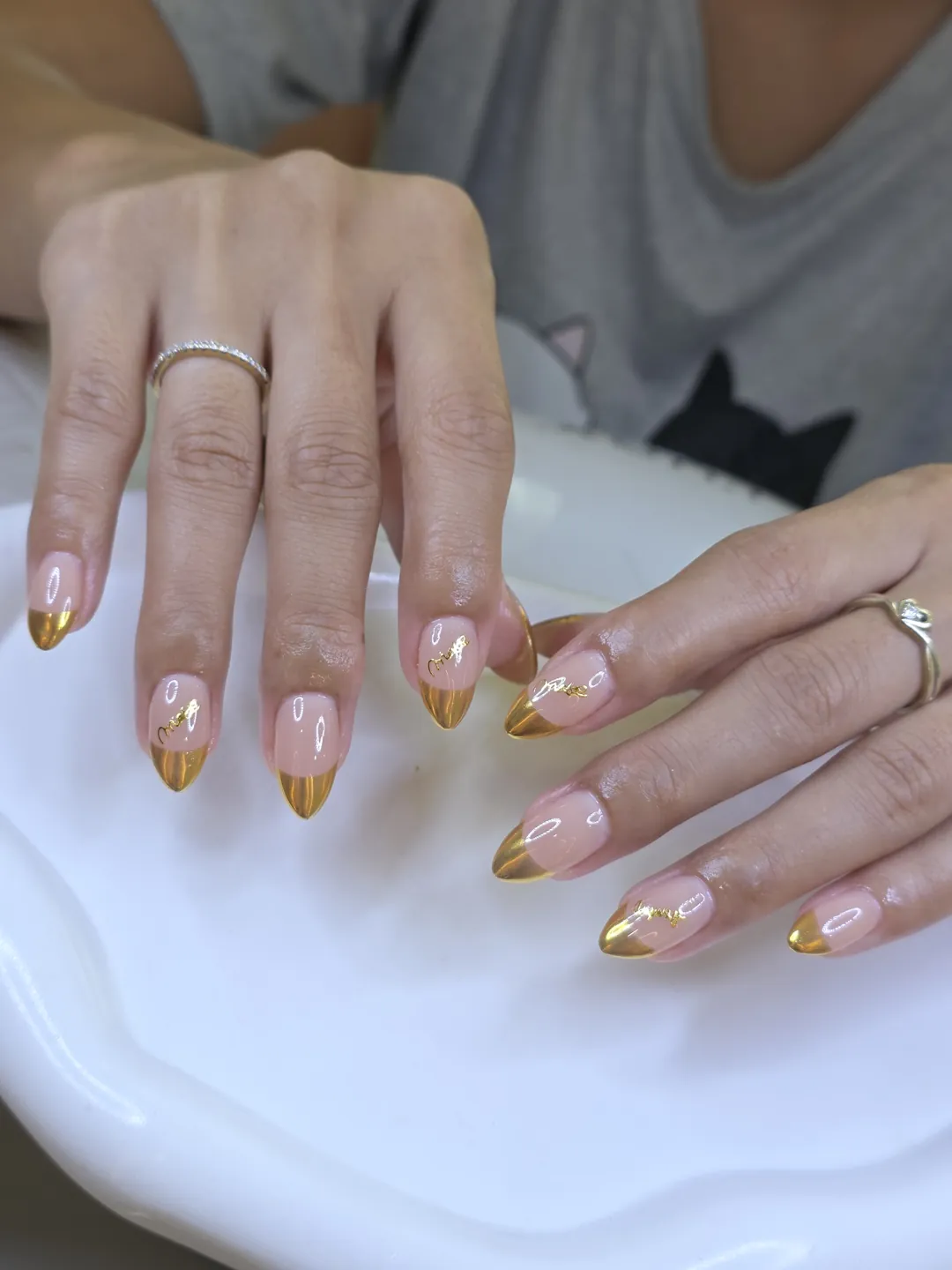 Nude & Gold french, hand-painted nails — nail design A527 at Nanny Nails, nail salon in Nakhon Phanom Thailand