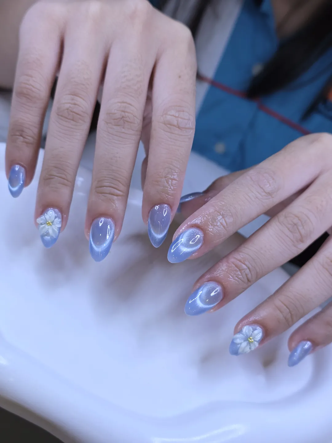 Light blue & White cat eye, hand-painted, 3d sculpted nails — nail design A528 at Nanny Nails, nail salon in Nakhon Phanom Thailand