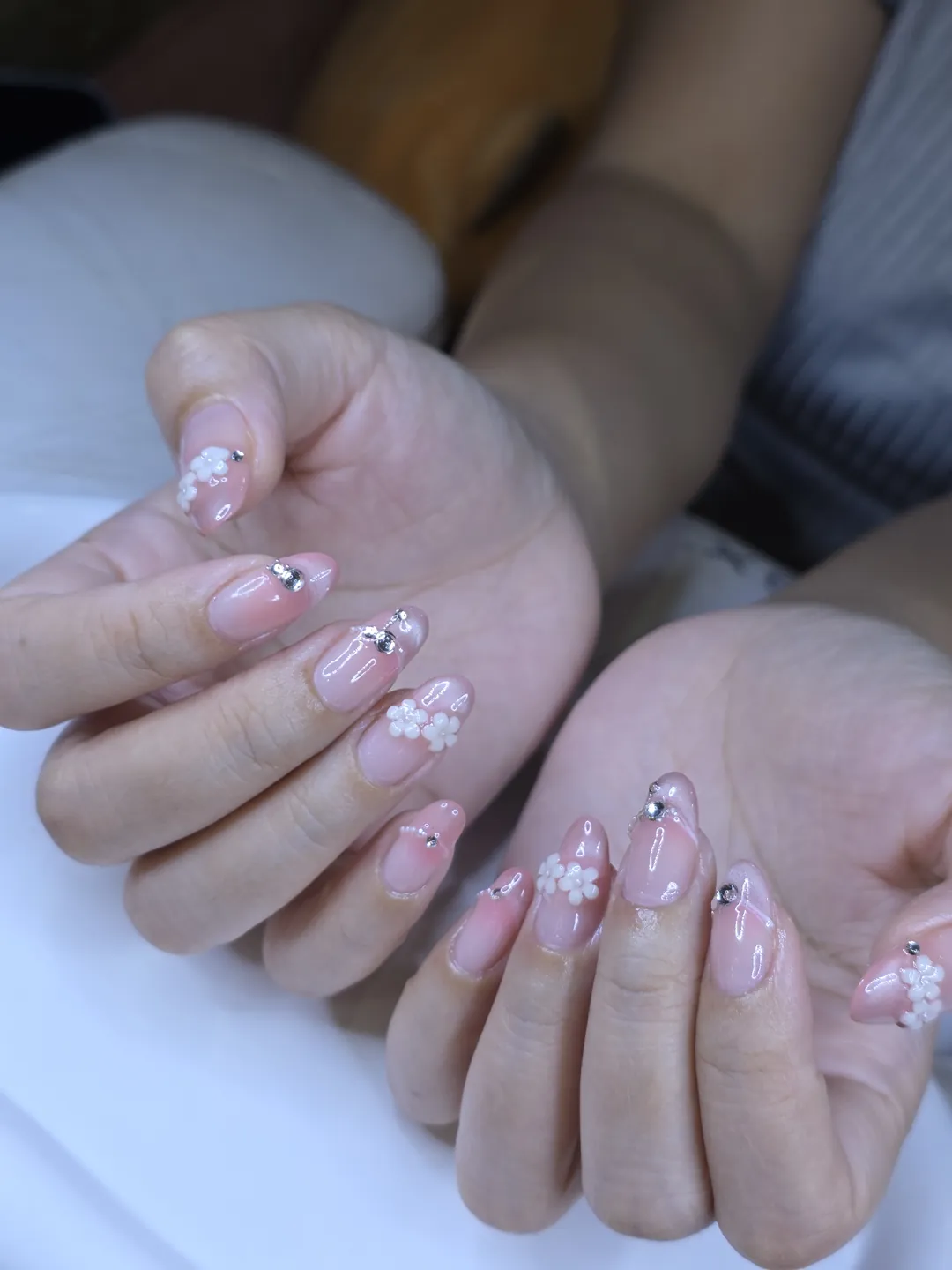 Nude & White 3d sculpted, rhinestones nails — nail design A531 at Nanny Nails, nail salon in Nakhon Phanom Thailand