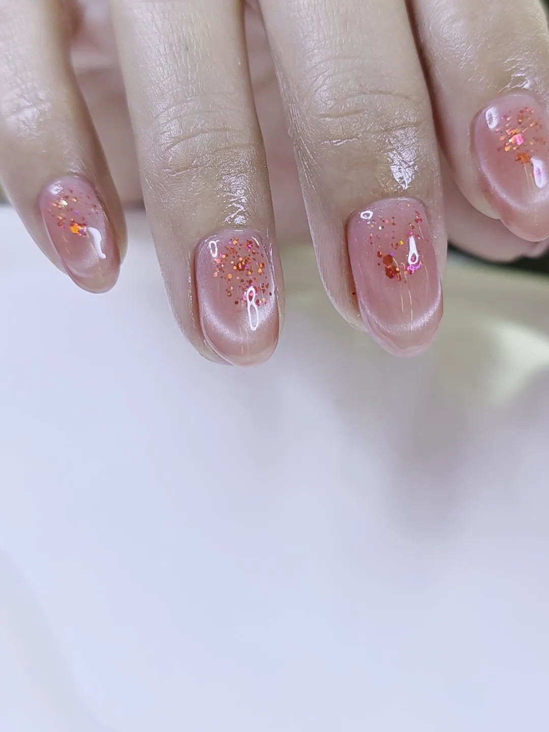 Nude & Peach glitter, hand-painted nails — nail design A543 at Nanny Nails, nail salon in Nakhon Phanom Thailand