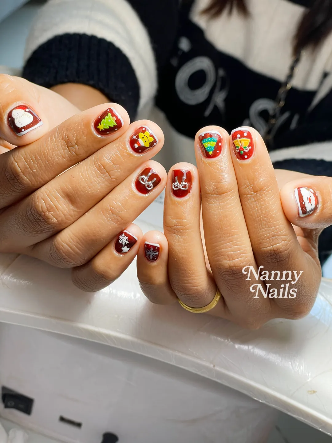 Red, Green & Yellow hand-painted nails — nail design A86 at Nanny Nails, nail salon in Nakhon Phanom Thailand