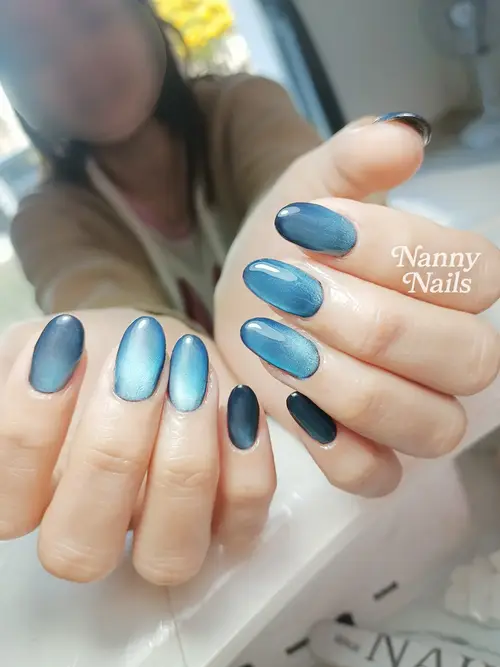 Light blue & Navy cat eye nails photo 3, code A100, Nanny Nails Nakhon Phanom