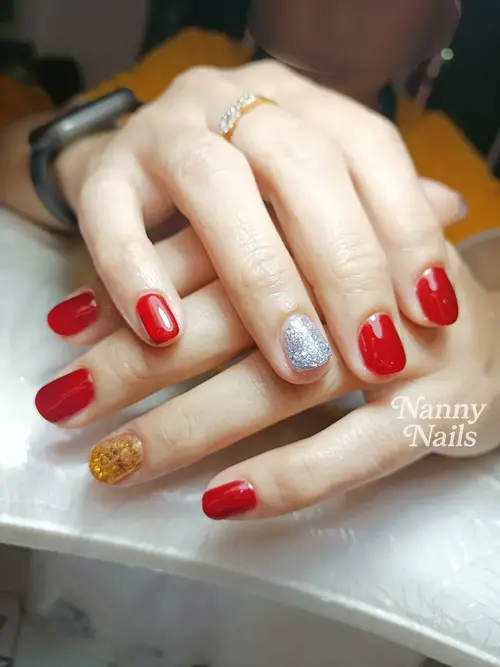 Red, Silver & Gold solid colour, glitter nails photo 2, code A112, Nanny Nails Nakhon Phanom