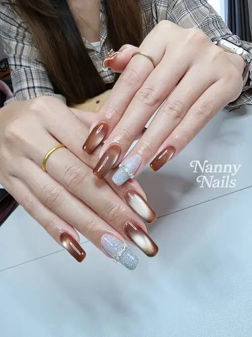 Brown & White ombré, cat eye, glitter, rhinestones nails photo 2, code A170, Nanny Nails Nakhon Phanom