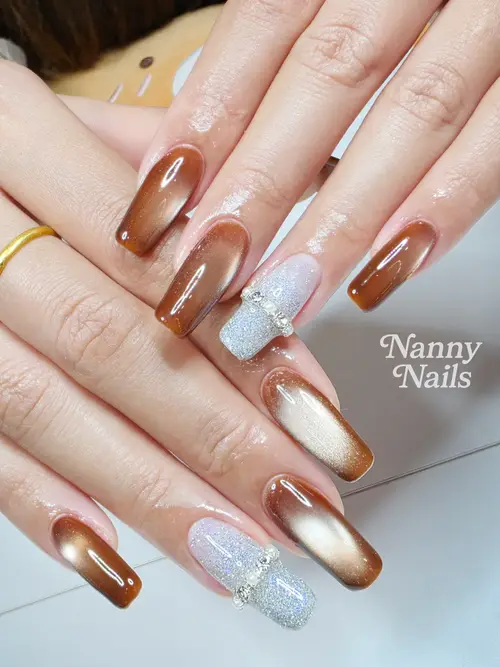 Brown & White ombré, cat eye, glitter, rhinestones nails photo 3, code A170, Nanny Nails Nakhon Phanom