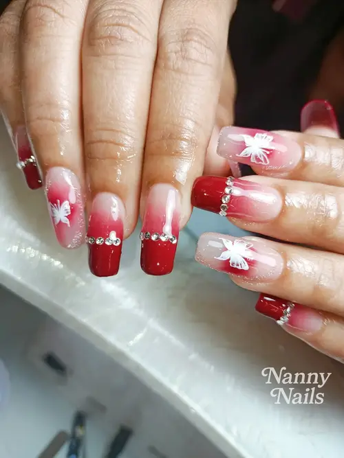 Red, Nude & White ombré, hand-painted, rhinestones nails photo 2, code A186, Nanny Nails Nakhon Phanom