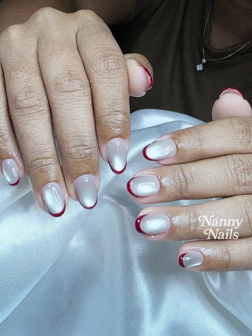 Grey & Red french, cat eye, hand-painted nails photo 2, code A218, Nanny Nails Nakhon Phanom
