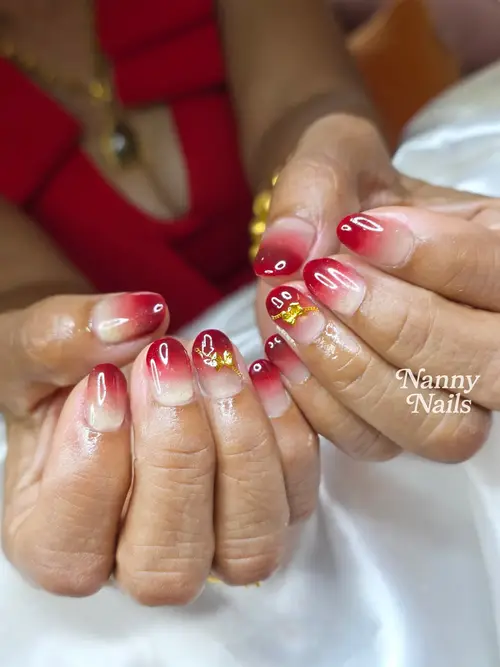 Red, Nude & Gold ombré, hand-painted, rhinestones nails photo 2, code A249, Nanny Nails Nakhon Phanom