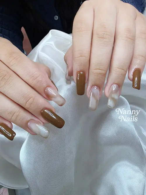 Brown & Nude hand-painted nails photo 3, code A254, Nanny Nails Nakhon Phanom