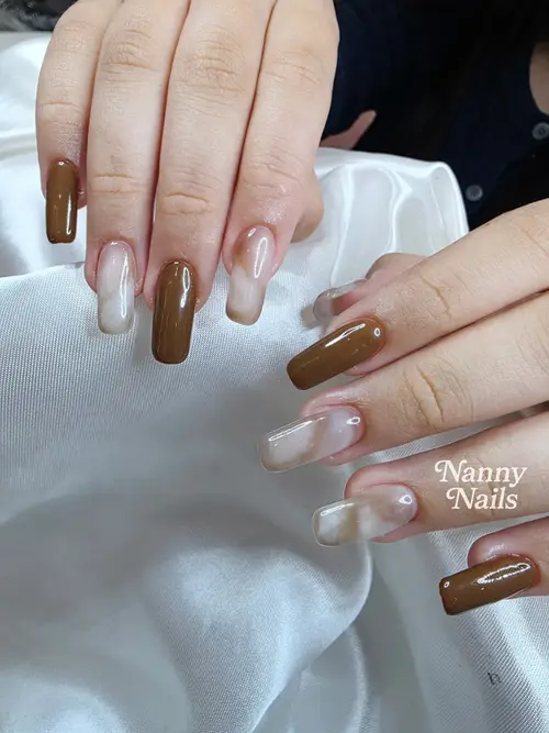 Brown & Nude hand-painted nails photo 4, code A254, Nanny Nails Nakhon Phanom