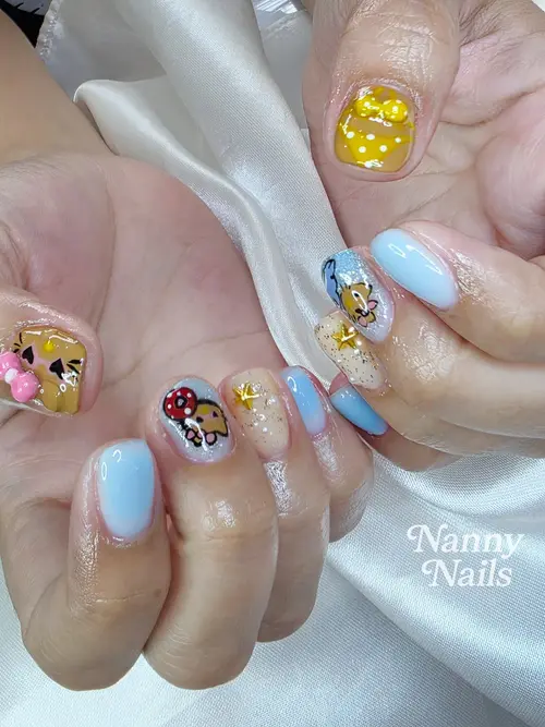 Light blue, Brown & Yellow hand-painted, 3d sculpted, rhinestones nails photo 2, code A266, Nanny Nails Nakhon Phanom