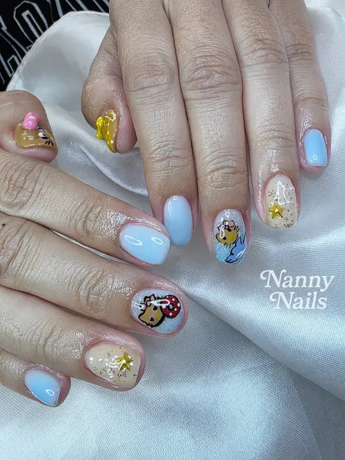 Light blue, Brown & Yellow hand-painted, 3d sculpted, rhinestones nails photo 3, code A266, Nanny Nails Nakhon Phanom