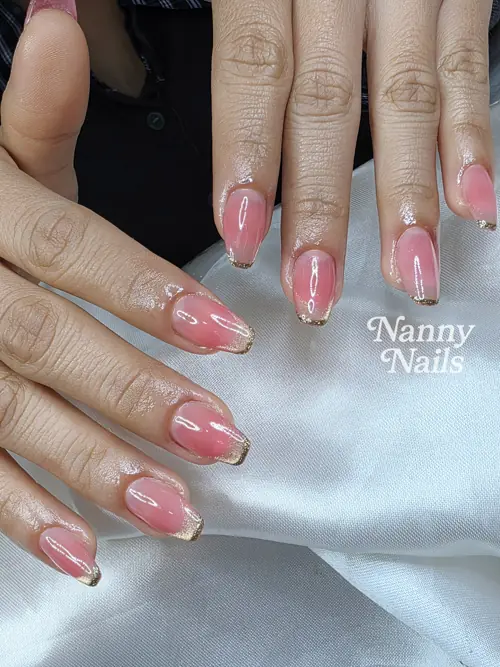 Nude & Gold french nails — nail design A270 at Nanny Nails, nail salon in Nakhon Phanom Thailand