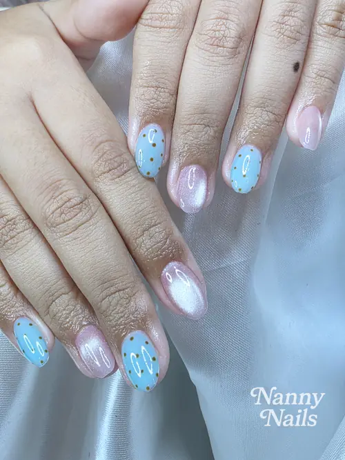 Light blue & Pink hand-painted nails — nail design A283 at Nanny Nails, nail salon in Nakhon Phanom Thailand