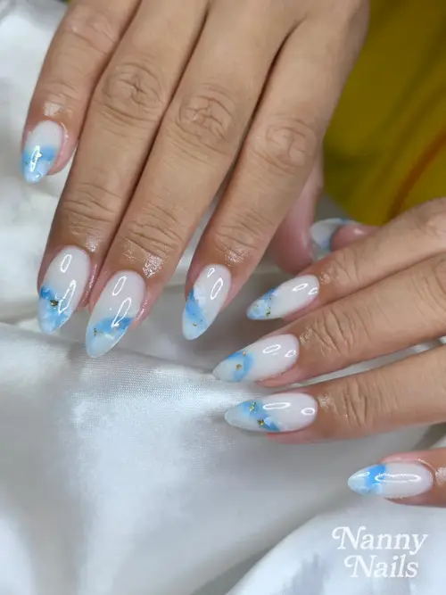 Nude, Light blue & White hand-painted, rhinestones nails photo 2, code A304, Nanny Nails Nakhon Phanom