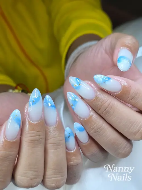 Nude, Light blue & White hand-painted, rhinestones nails photo 3, code A304, Nanny Nails Nakhon Phanom