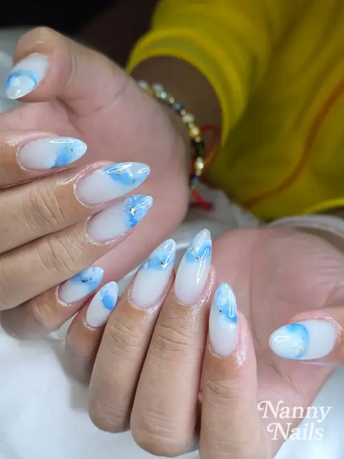 Nude, Light blue & White hand-painted, rhinestones nails photo 4, code A304, Nanny Nails Nakhon Phanom