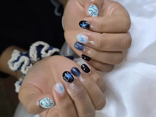 Black, Light blue & Nude hand-painted nails photo 2, code A326, Nanny Nails Nakhon Phanom