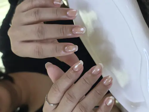 Nude & Peach french, reflective flash nails — nail design A407 at Nanny Nails, nail salon in Nakhon Phanom Thailand