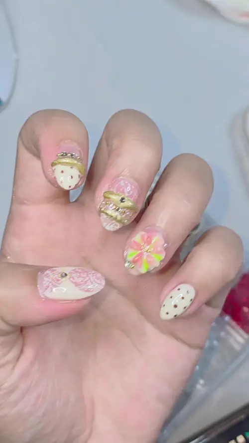 Nude-ทอง + ลายเรณูลูกไม้ Metallic หวานหรูสไตล์เกาหลี ✨🌸 รหัส A408