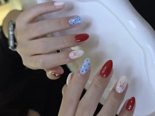 Red, Light blue & Nude solid colour, hand-painted nails — nail design A428 at Nanny Nails, nail salon in Nakhon Phanom Thailand