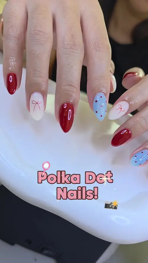 แดง-ฟ้า-ขาว + ลาย Polka Dot โบว์ หวานสไตล์เกาหลี 🎀🔴 รหัส A432