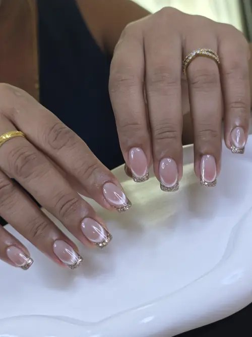 Nude & Gold french, glitter nails — nail design A443 at Nanny Nails, nail salon in Nakhon Phanom Thailand