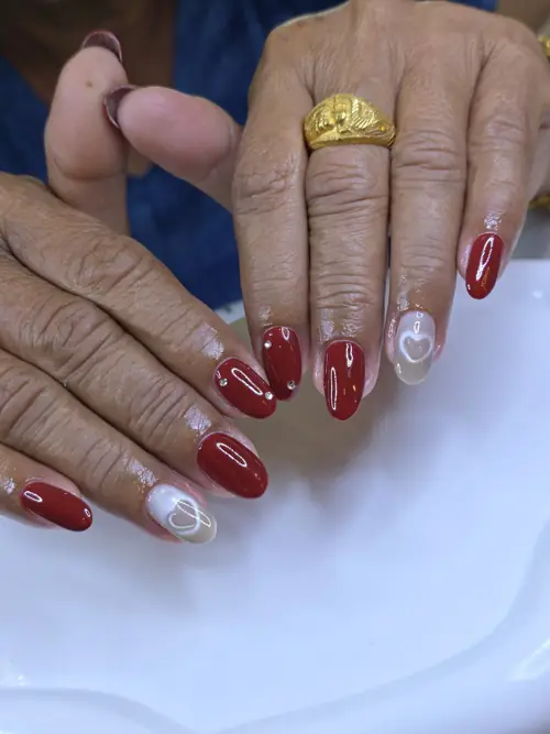 Red & Nude hand-painted, rhinestones nails — nail design A448 at Nanny Nails, nail salon in Nakhon Phanom Thailand