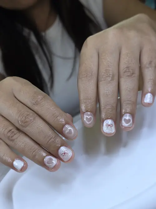 Nude & White hand-painted nails — nail design A449 at Nanny Nails, nail salon in Nakhon Phanom Thailand