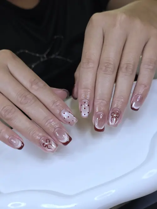 Nude & Red french, hand-painted nails — nail design A460 at Nanny Nails, nail salon in Nakhon Phanom Thailand