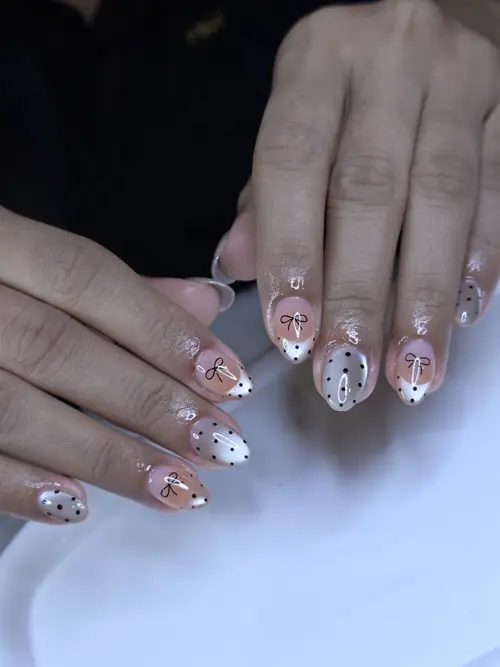 Nude, White & Black french, hand-painted nails — nail design A461 at Nanny Nails, nail salon in Nakhon Phanom Thailand