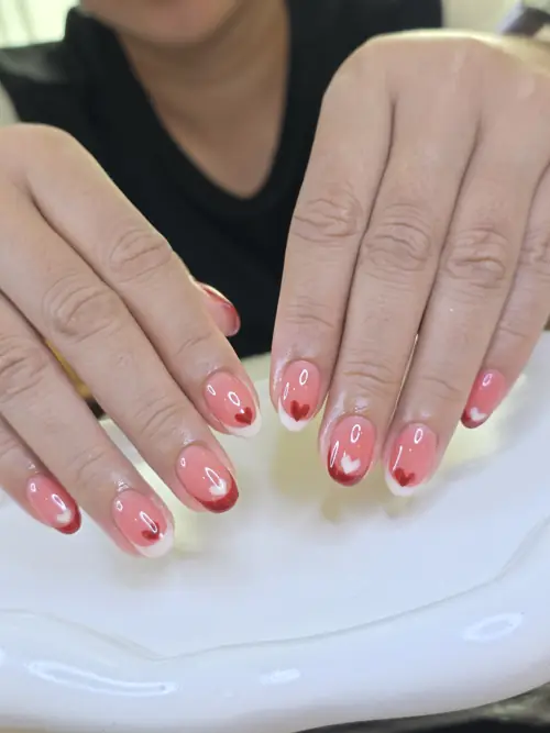 Red, Nude & White french, hand-painted nails — nail design A462 at Nanny Nails, nail salon in Nakhon Phanom Thailand