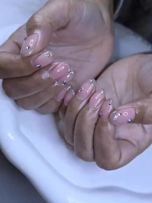 Nude, Pink & Silver hand-painted, rhinestones nails — nail design A471 at Nanny Nails, nail salon in Nakhon Phanom Thailand