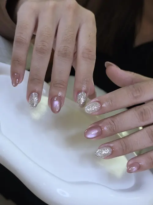 Nude & Silver solid colour, glitter nails — nail design A474 at Nanny Nails, nail salon in Nakhon Phanom Thailand