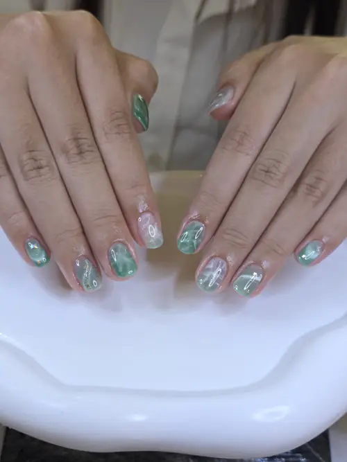 Green, White & Nude hand-painted, glitter nails — nail design A481 at Nanny Nails, nail salon in Nakhon Phanom Thailand