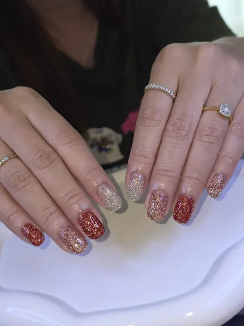 Red, Nude & Gold glitter nails — nail design A482 at Nanny Nails, nail salon in Nakhon Phanom Thailand